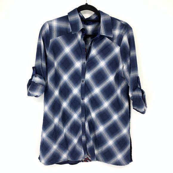 Women's Size L Button Front Plaid Shirt Long Sleeve Blue Velvet Embroidered Back - Picture 1 of 4